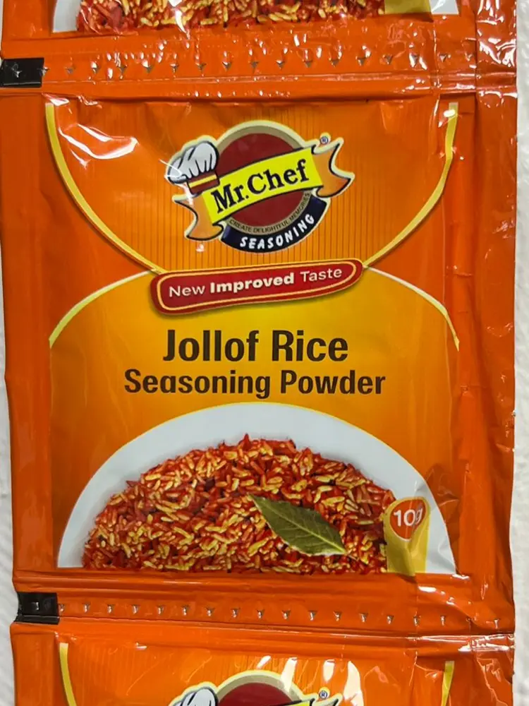 Strip of orange Mr.Chef Jollof Rice seasoning powder sachets